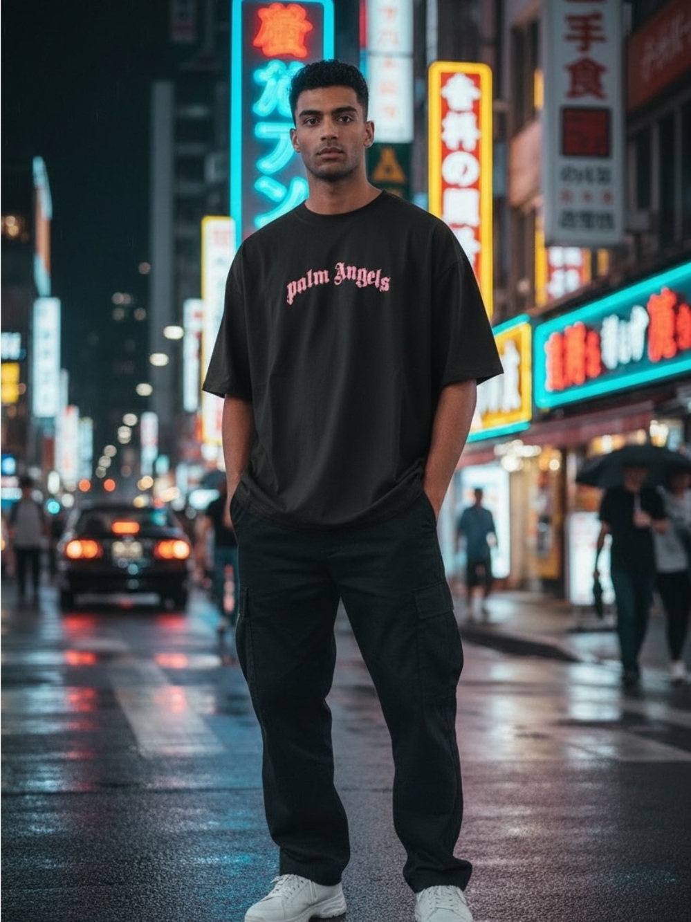 Palm Angels Black Tee with Pink Script Logo w/COA